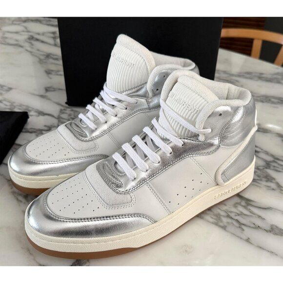 YSL Saint Laurent 711250 White/Metallic Silver Men's High Top Sneakers Shoes 42 - Picture 1 of 13